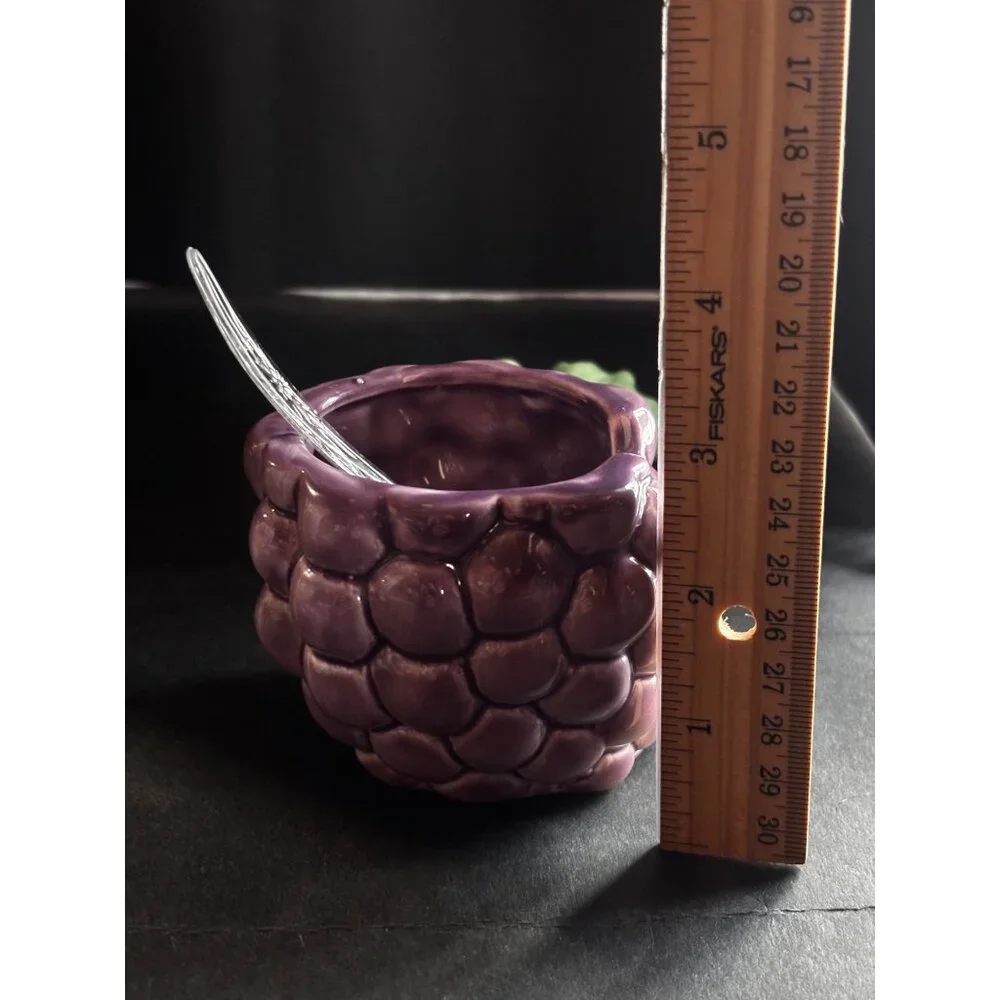 Ceramic Purple Grape Jam Sugar Jar With Lid Spoon Green Leaf Accent Vintage 80s